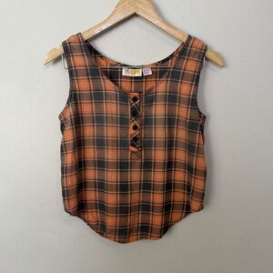 Vintage 90s Victoria Harbor Plaid Tank Top Womens S Orange Black Henley Grunge